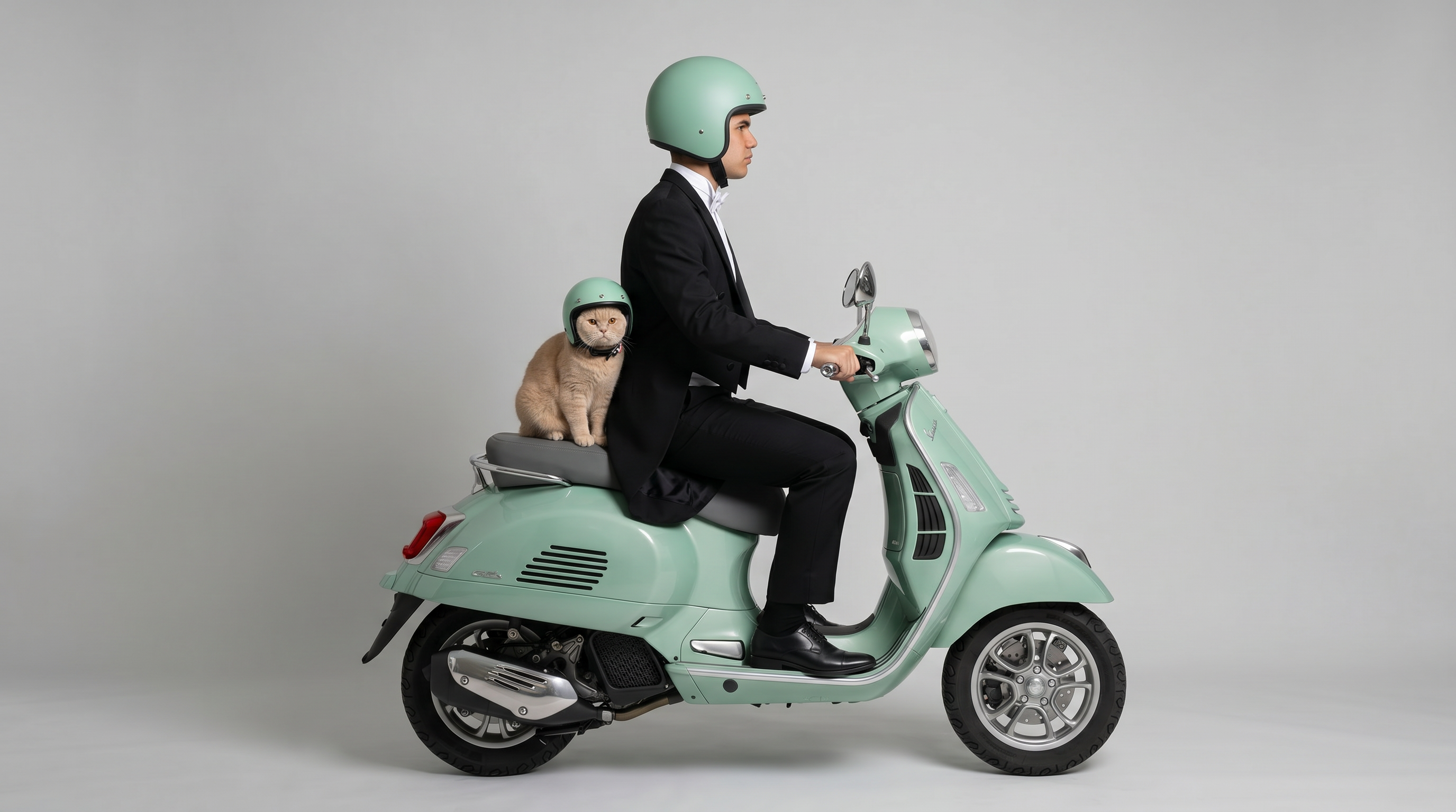 A man in a suit and a cat, both in matching mint helmets, riding a mint Vespa scooter — a still from the AI Film.